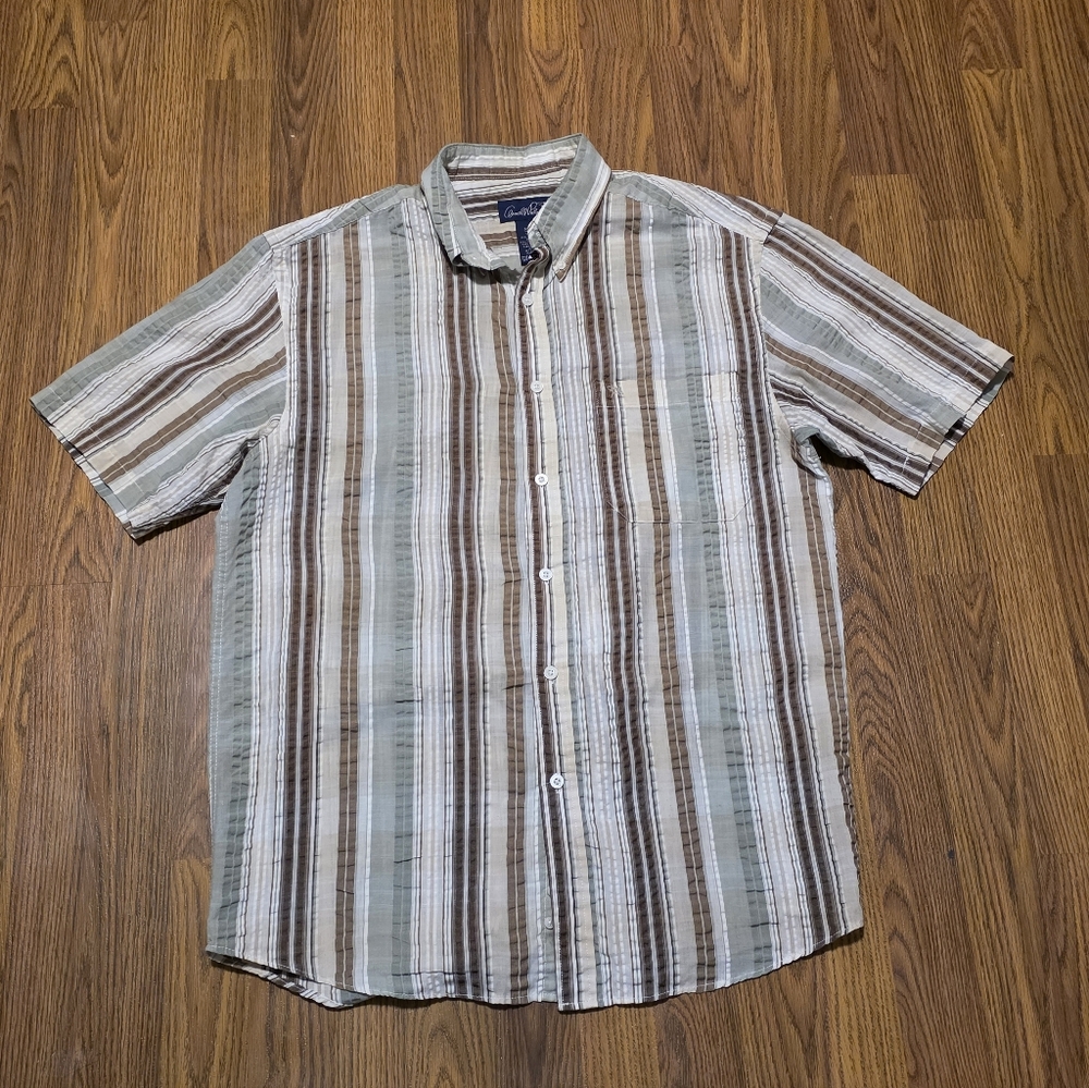 Arnold Palmer Mens M Vintage Golf Vertical Stripe Cotton Ramie Shirt Brown Tan